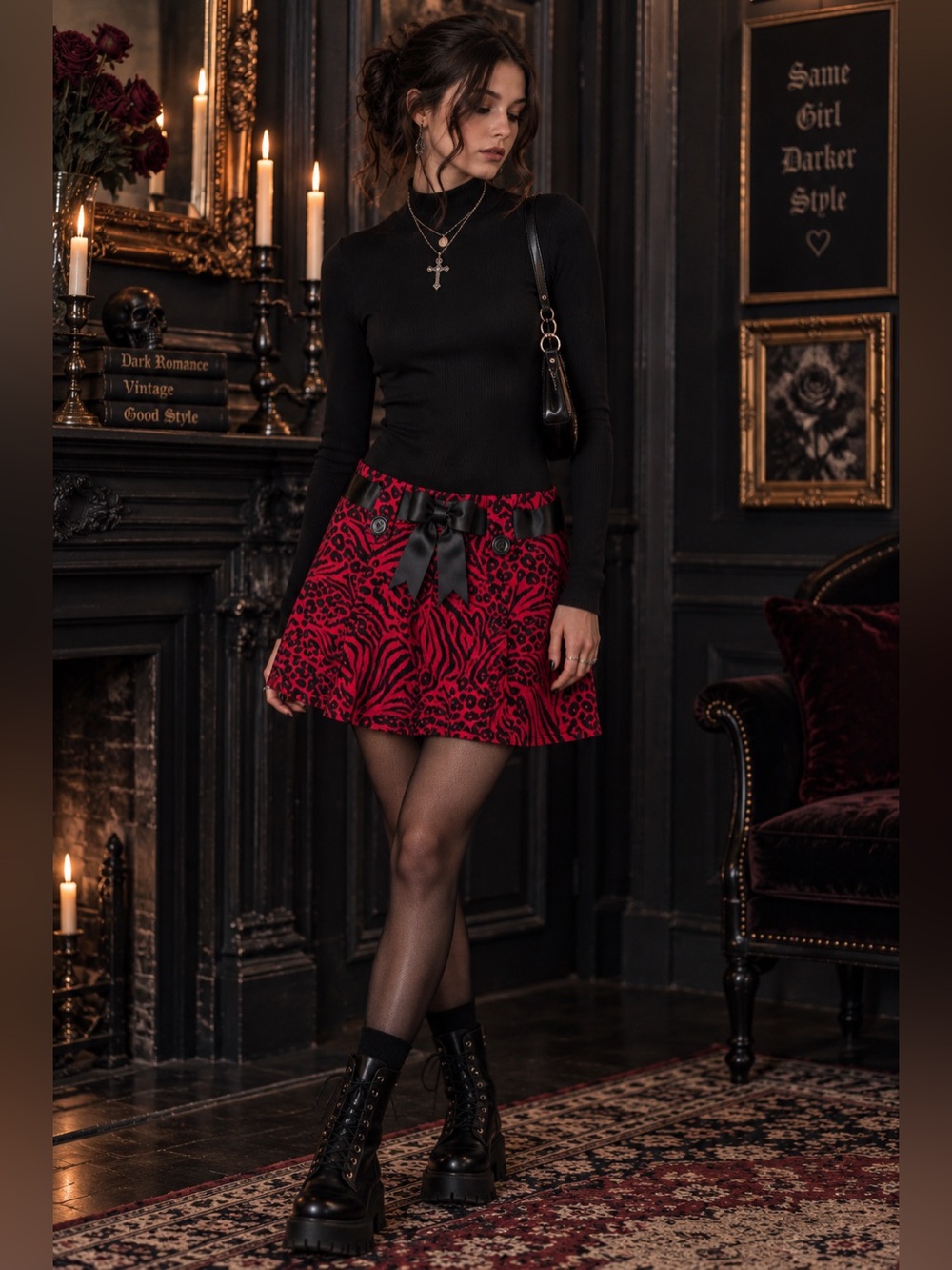 Goth Punk Ska Black mock neck Red Animal Print Drop Waist Bow Dress Y2K hardcore
